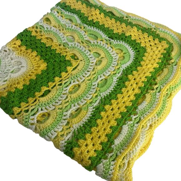 granny crochet quilt yellow green white Throw Blanket - Picture 1 of 12